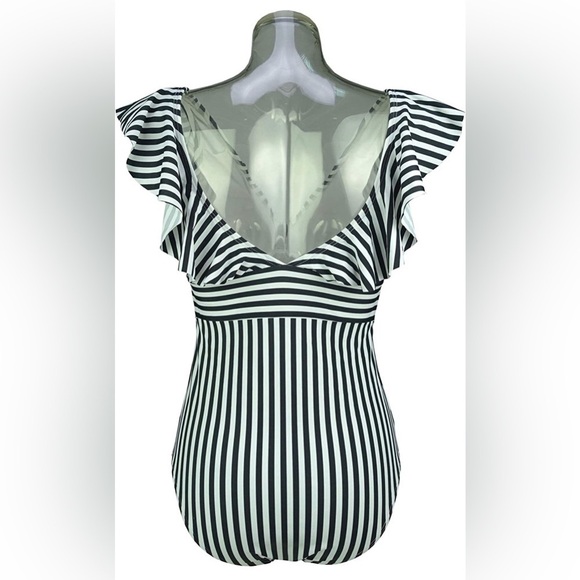 COCOSHIP Women's 1pc Sz 4 V Neckline Striped Backless Swimsuit Ruffle Swimwear - Picture 3 of 4